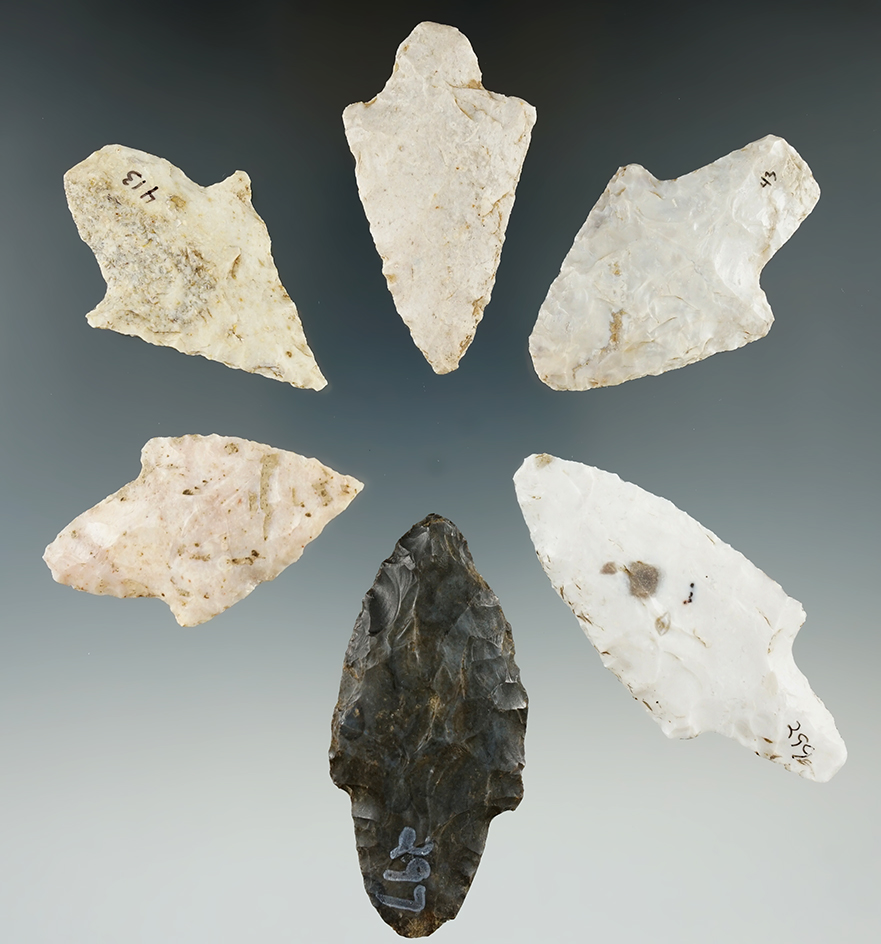 Set of six Adena points found in Missouri, largest is 2 9/16".
