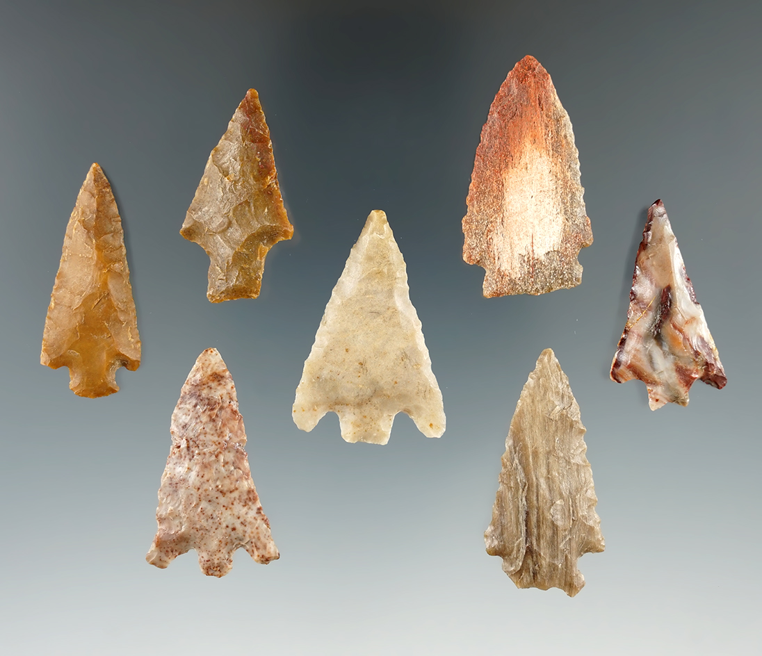 Set of seven arrowheads made from various materials found near the Columbia River