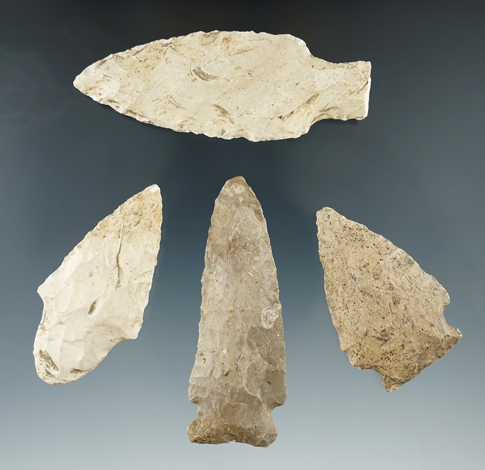 Set of four Flint knives found in Missouri, largest is 3 3/16".