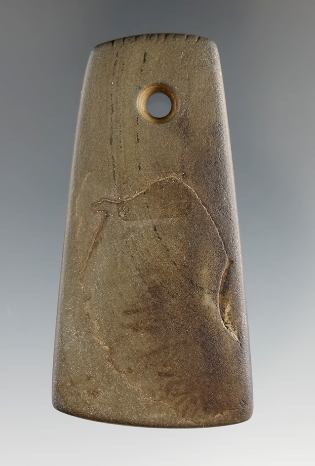 2 1/2" banded slate Trapezoidal Pendant that is highly tallied in engraved. Hardin Co., Ohio.