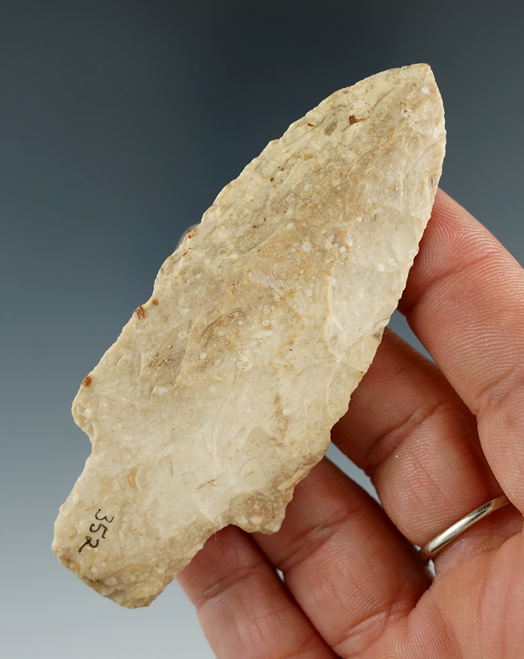 3 3/8" Adena with minor tip rechipping found in Missouri.