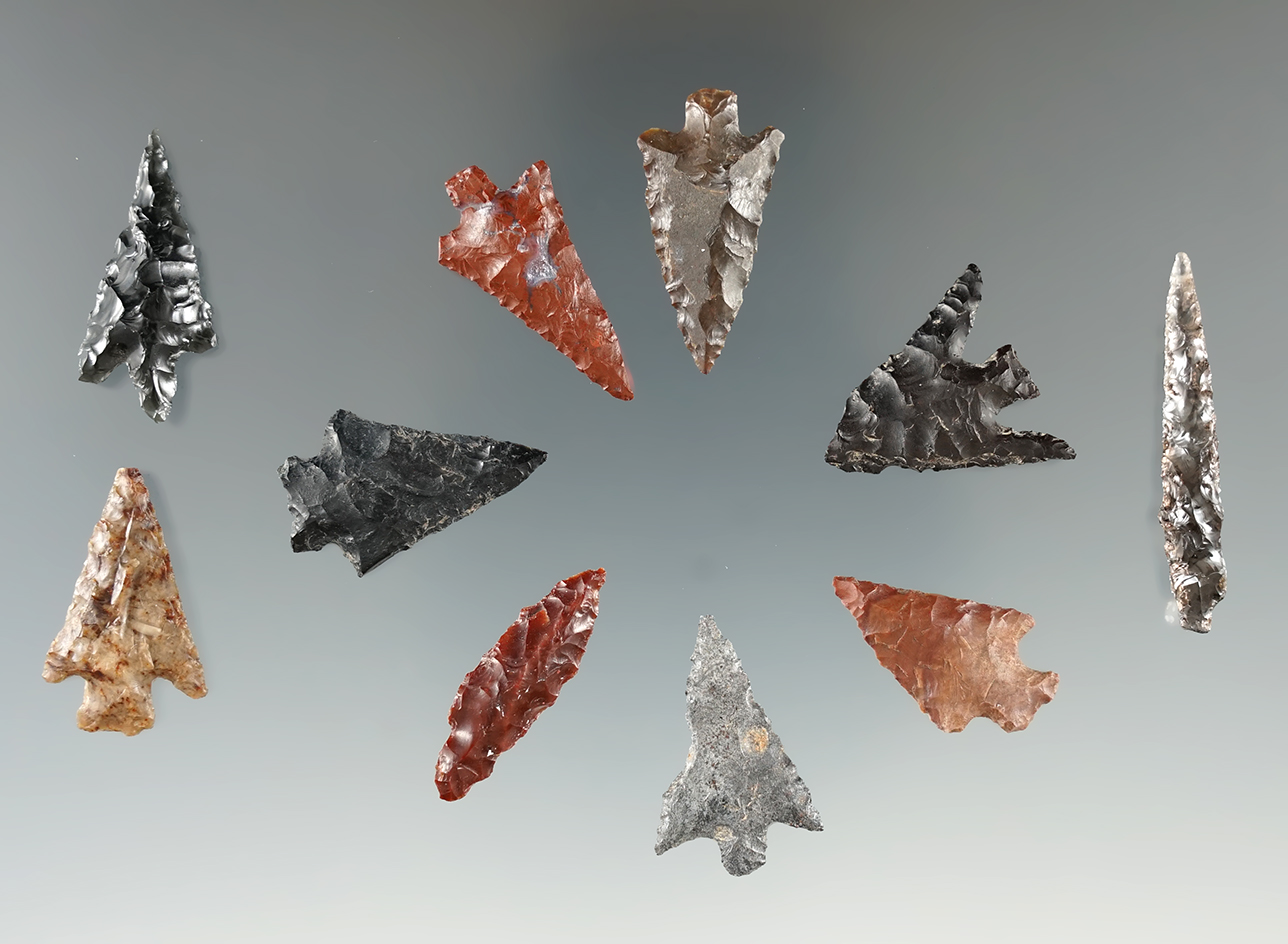 Group of 11 very nice assorted arrowheads found near the Hood River, Oregon.