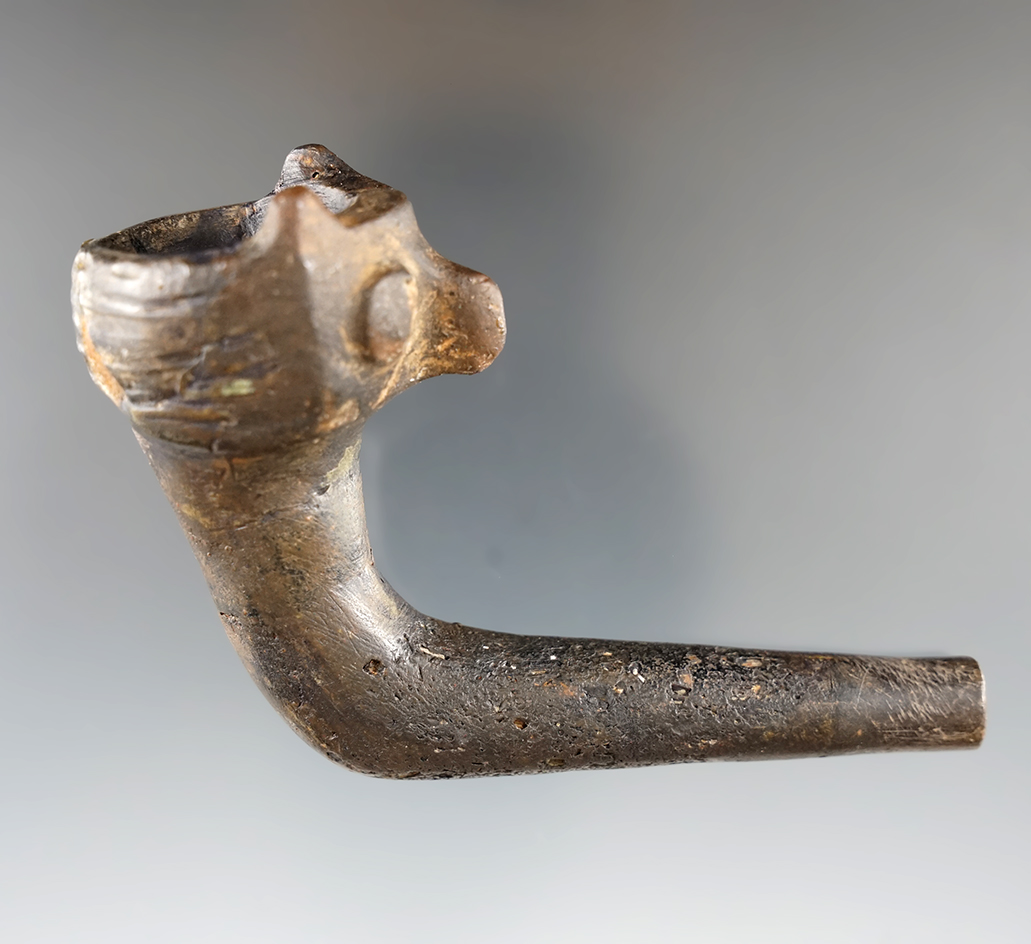 3 oat Iroquois clay Hawk Effigy Bird Pipe with partial restoration to the bowl, elbow and stem.