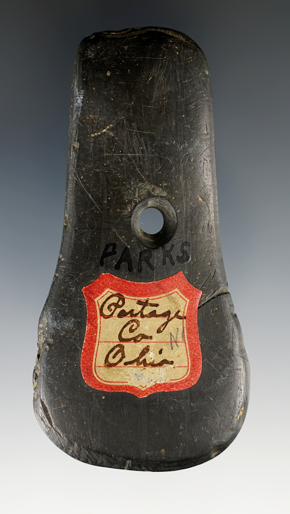 3 1/2" Black Slate Pendant found in Portage Co., Ohio. Ex. Cameron Parks.