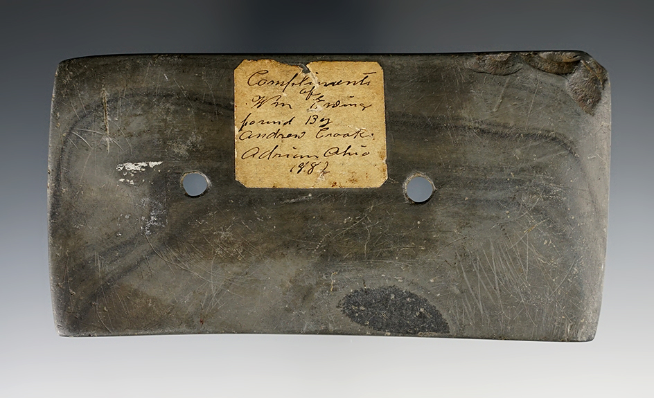 Found 140 years ago! 4  13/16" Adena Rectangular Pendant, Ex. Cameron Park.  "Ohio 1882".