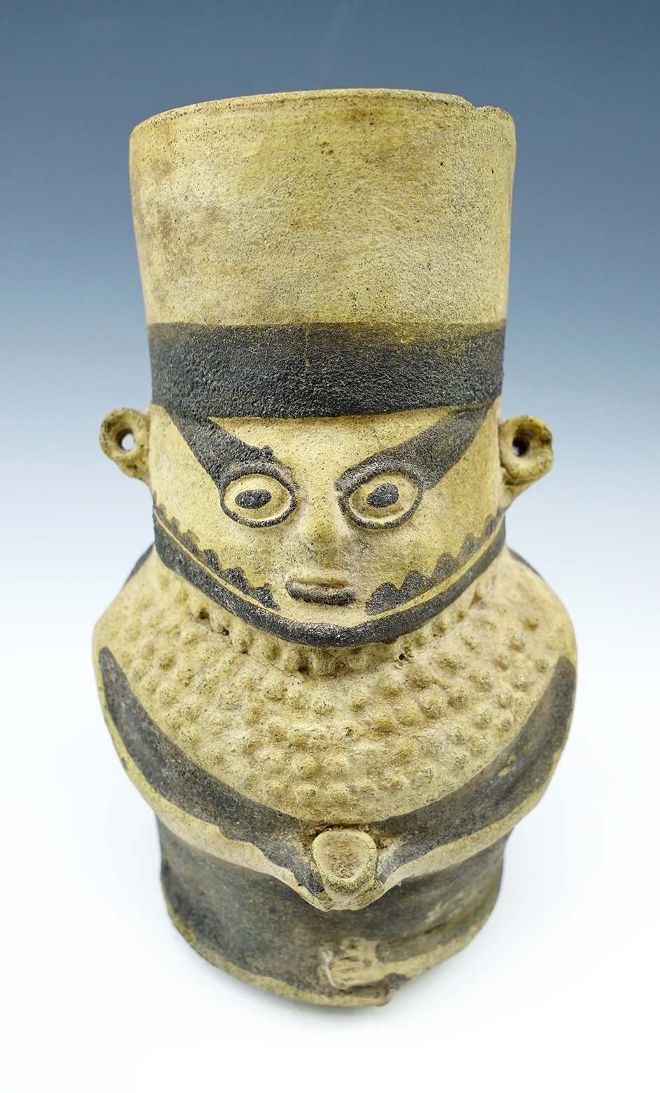 7 3/8" Chancay Culture figural Pottery Vessel in solid condition. Recovered in Peru.