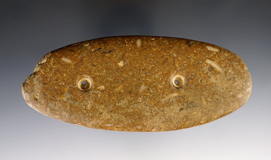 Pictured! Rare  4 1/4" Gorget found in Butler Co., Ohio. Pictured "Rare and Unusual  Artifacts"