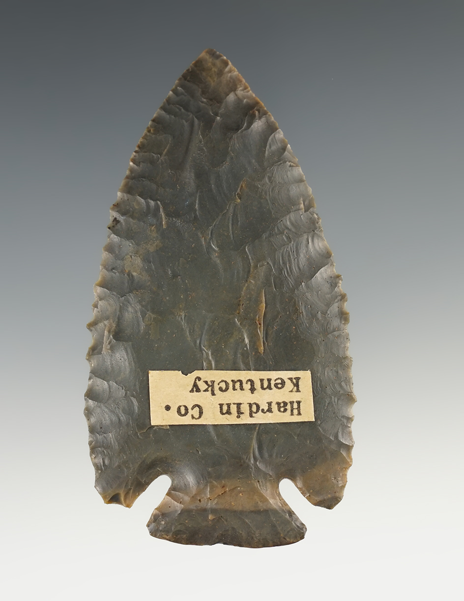 Beautiful flaking on this well patinated 3 11/16" Dovetail found in Hardin Co., Kentucky.