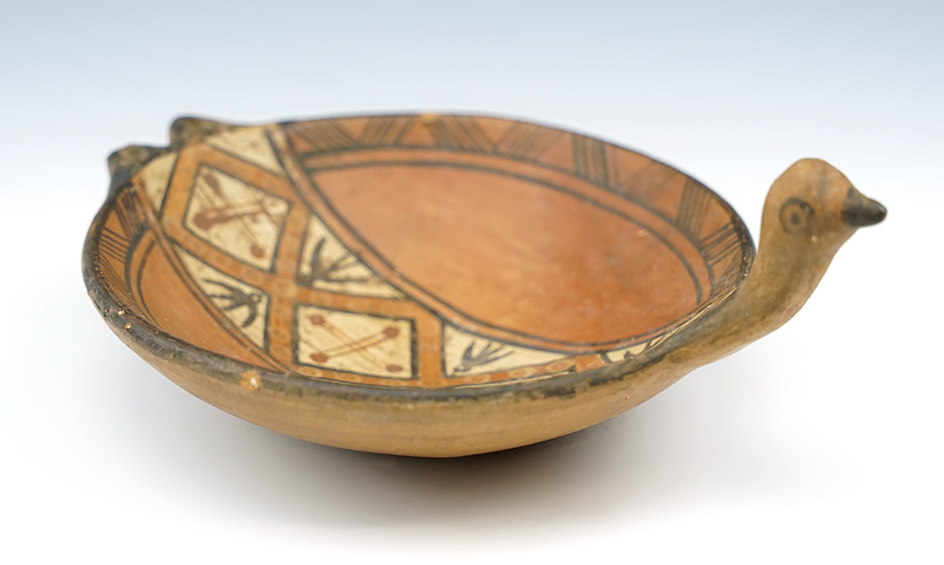 5 1/4" Wide beautifully decorated Inca Avian Effigy Bowl recovered in Peru.