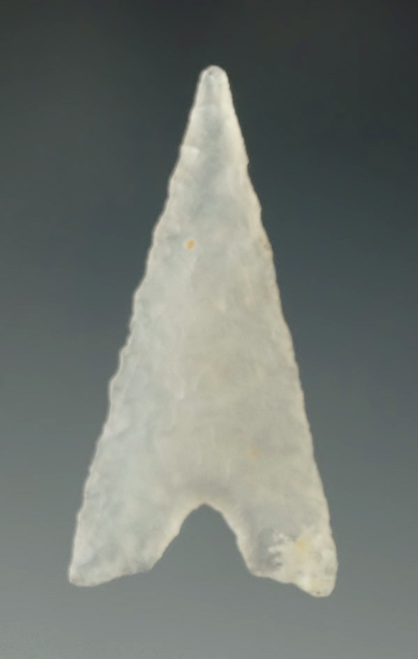 Incredible material on this 1 5/16" Garza point found in Texas. Made from translucent chalcedony.