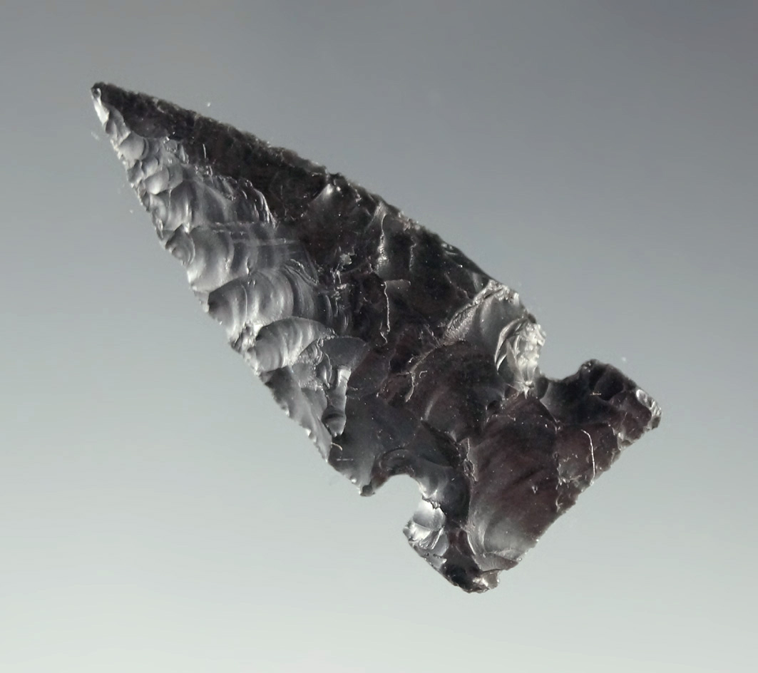 Excellent flaking on this 1 3/8" Bitterroot sidenotch point found in the Oregon area. Ex.  Shewey.