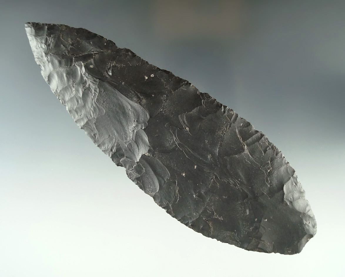 Very thin and exceptionally well flaked constricted stemmed Knife with a Davis COA G-10.