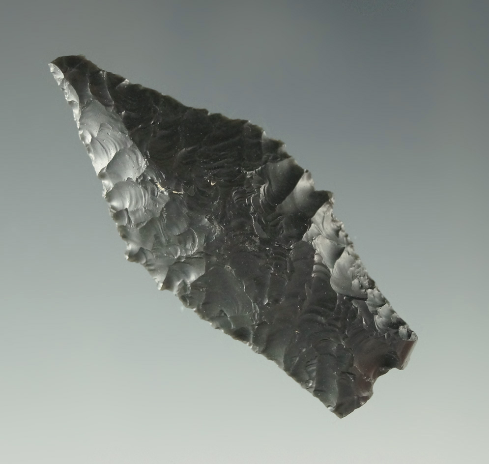 2" Humboldt Constricting Base with nice edge serrations made from obsidian found in Oregon.