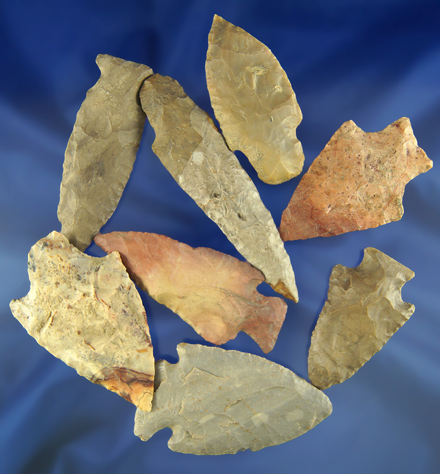 Set of 8 assorted Midwestern and southeastern Arrowheads, largest is 3 15/16".