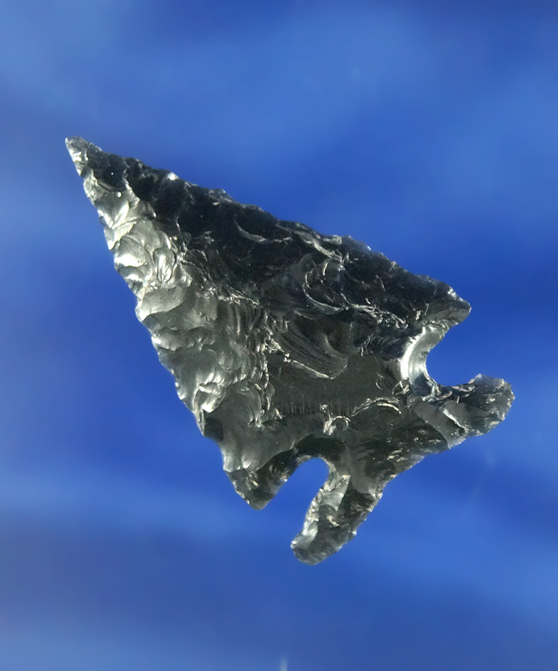 Nice flaking and style on this 1 5/8" Elko made from Obsidian found in Oregon.