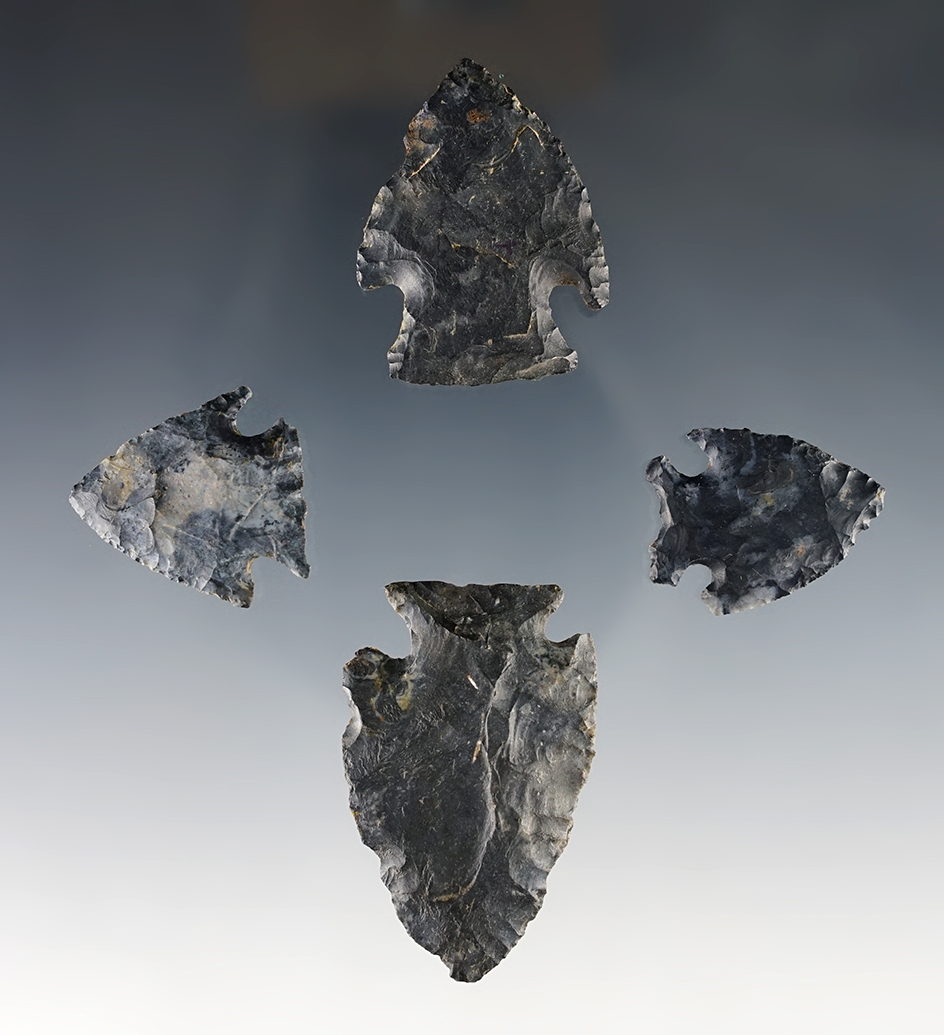 Set of 4 Intrusive Mound Points found by Bill Likens in Madison Co., Ohio. The largest is 1 13/16".