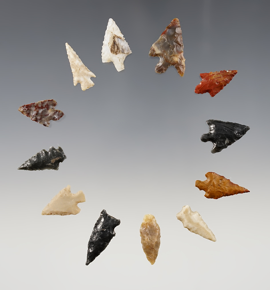Group of 12 assorted points, largest is 1". Found near the Columbia River. Ex. Wilke Museum.