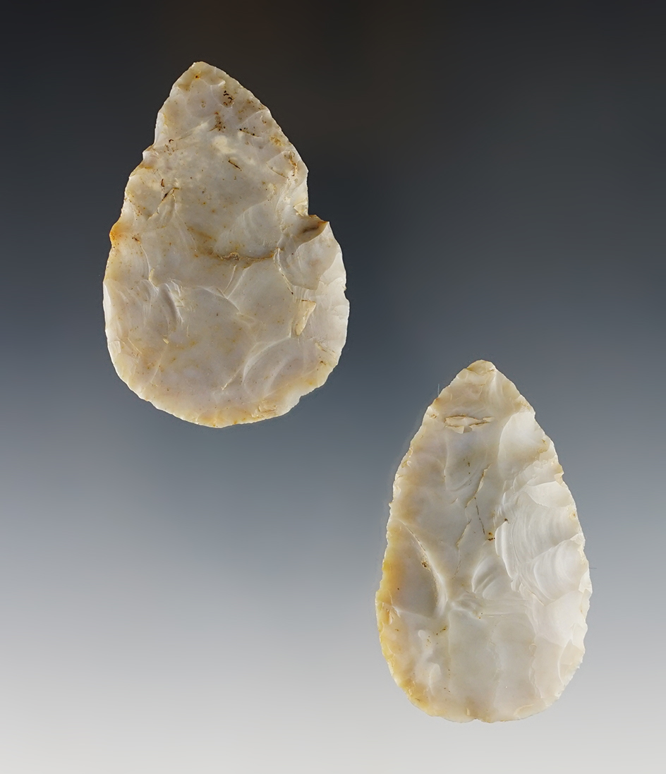 Pair of Ohio Cache Blades made from Flint Ridge Flint. Madison Co. The largest is 2 1/4".
