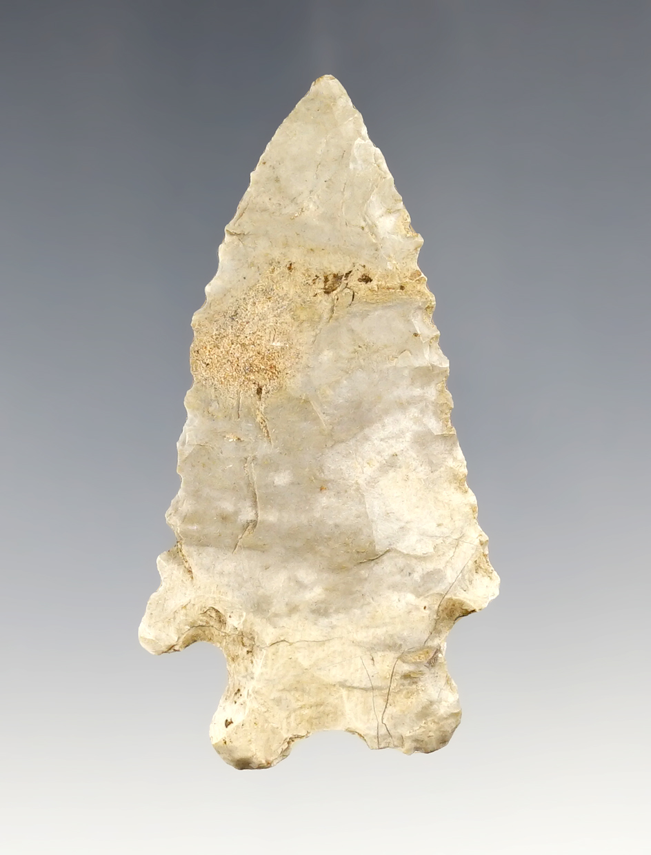 Well made Archaic Bifurcate that measures 2 3/8". Found by Bill Likens in Madison Co., Ohio.