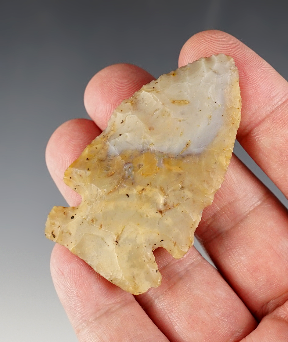 2 3/8" classic Archaic Sidenotch made of Flint Ridge with great patination. Found in Ohio.