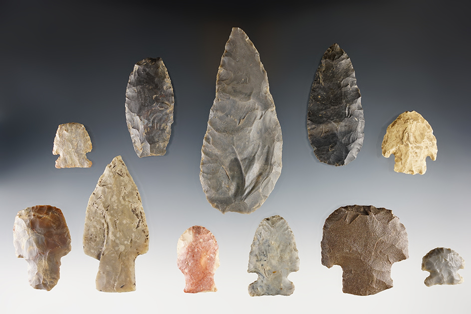 Ex. Museum! Set of 11 Tools and Knives found mostly in the Midwest. The largest is 3 15/16".