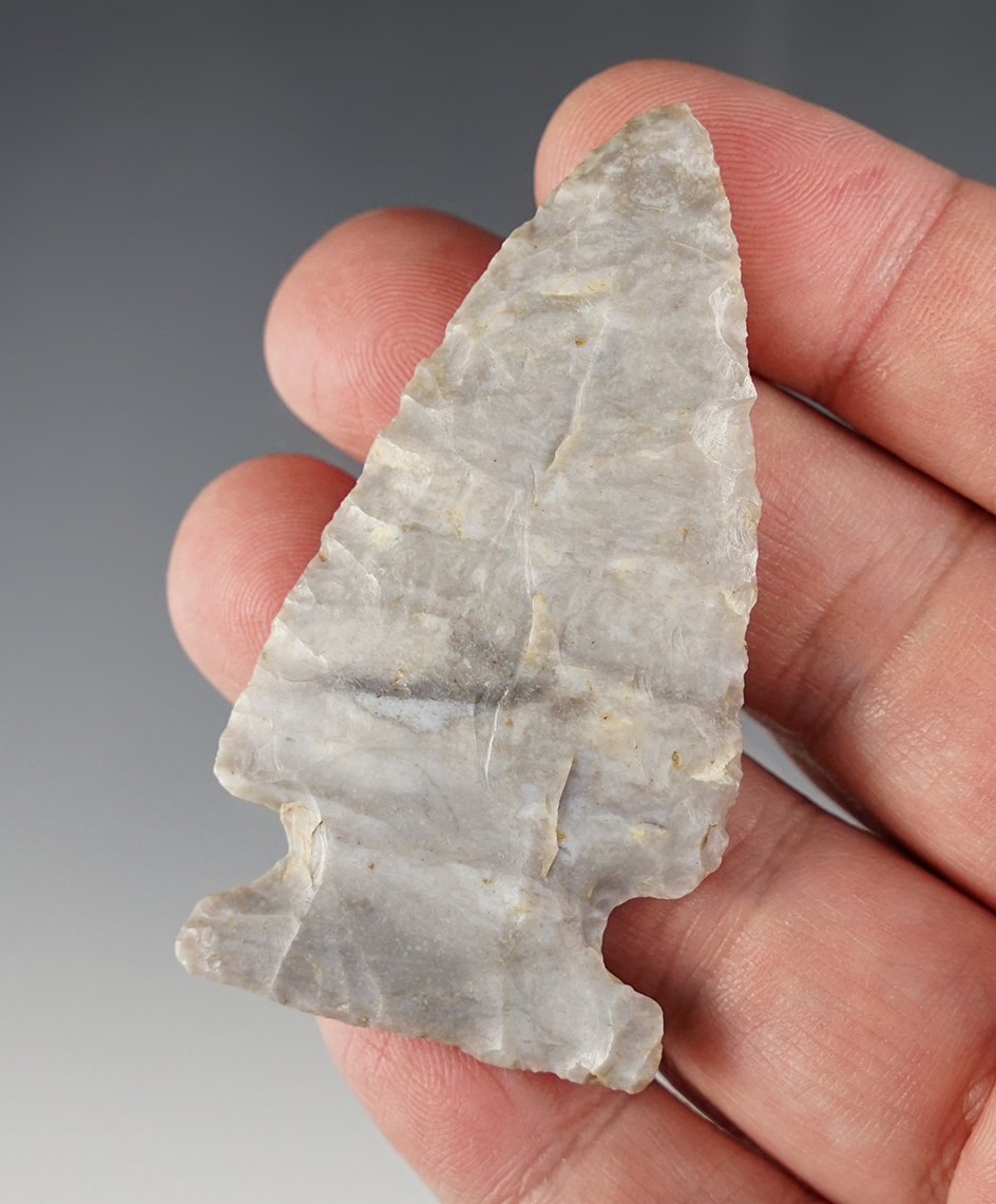 2 5/8" Coshocton Gray Archaic Sidenotch Point. Found in Marion Co., Ohio.