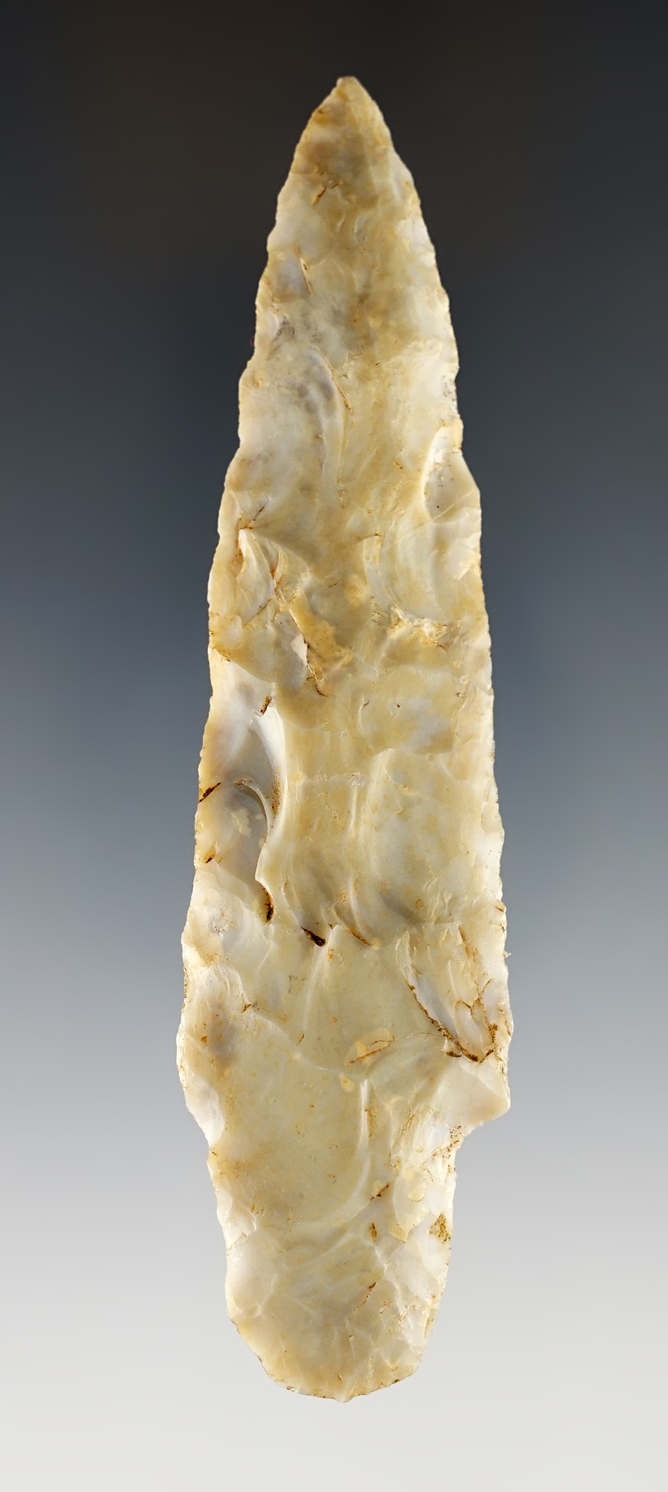 4 11/16" Adena made from Flint Ridge Flint. Found by Bill Likens in Madison Co., Ohio.