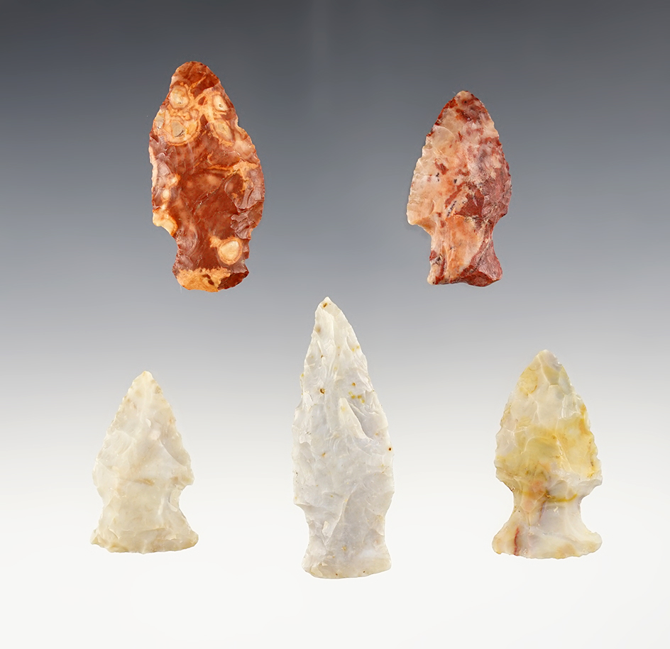 Set of 5 assorted Hopewell Points found in Ohio. Flint Ridge Flint. The largest is 2 1/4".
