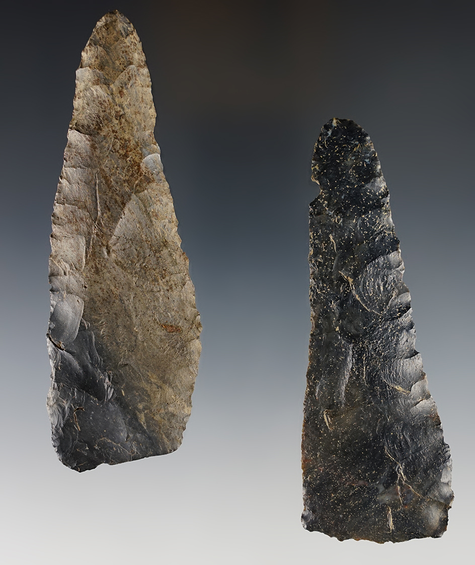Pair of nicely flaked Blades found in Madison and Warren Co., Ohio. The largest is 4 3/16".