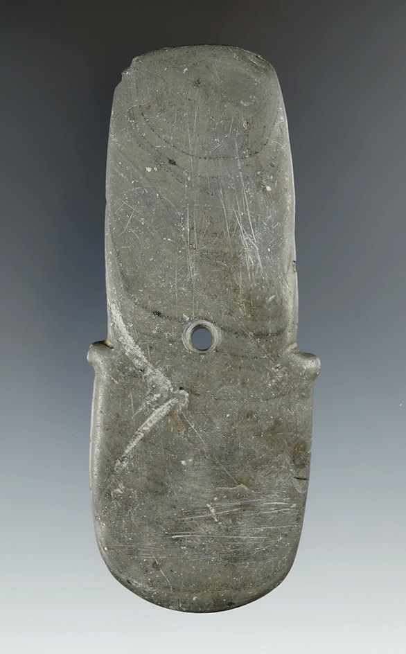 4 5/16" Hopewell Shovel Pendant made from gray and black Banded Slate, found in Ohio.