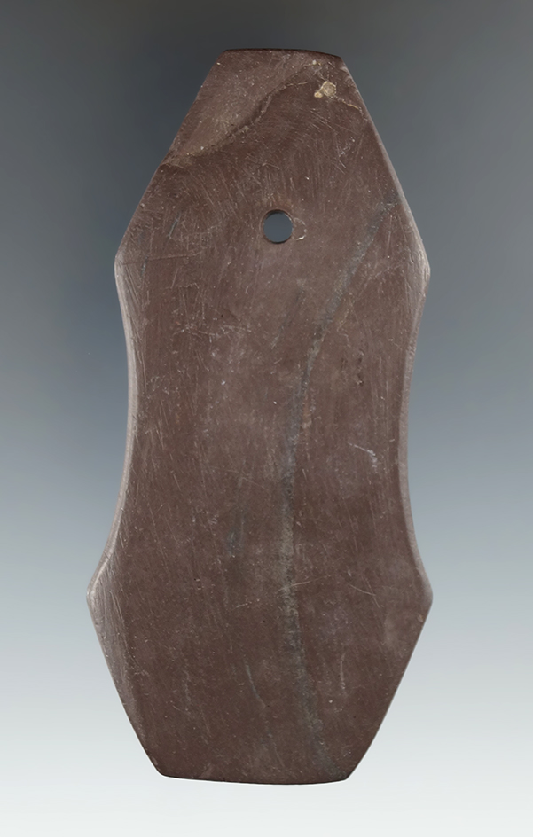 4 3/16" Hopewell Indented Pendant made from red Slate, found in Mahoning Co., Ohio. Pictured!