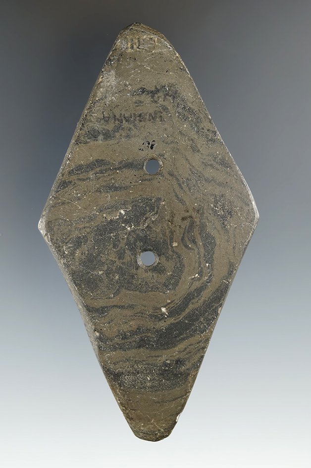 4 3/16" Adena diamond shaped Gorget, Clark Co., Ohio. Pictured. Ex. Bill Tiell, John Cornell.