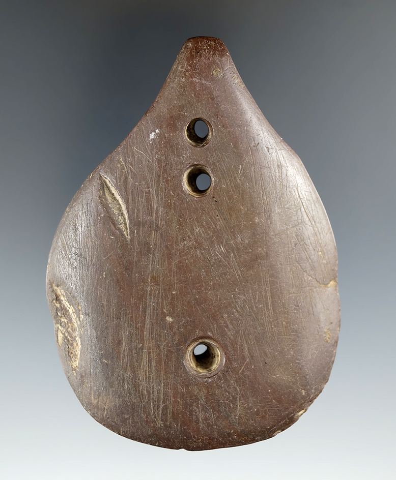 3 1/2" Glacial Kame Three Hole Gorget found by Eleanor Wickinrider in Morrow Co., Ohio. Ex. Spray.