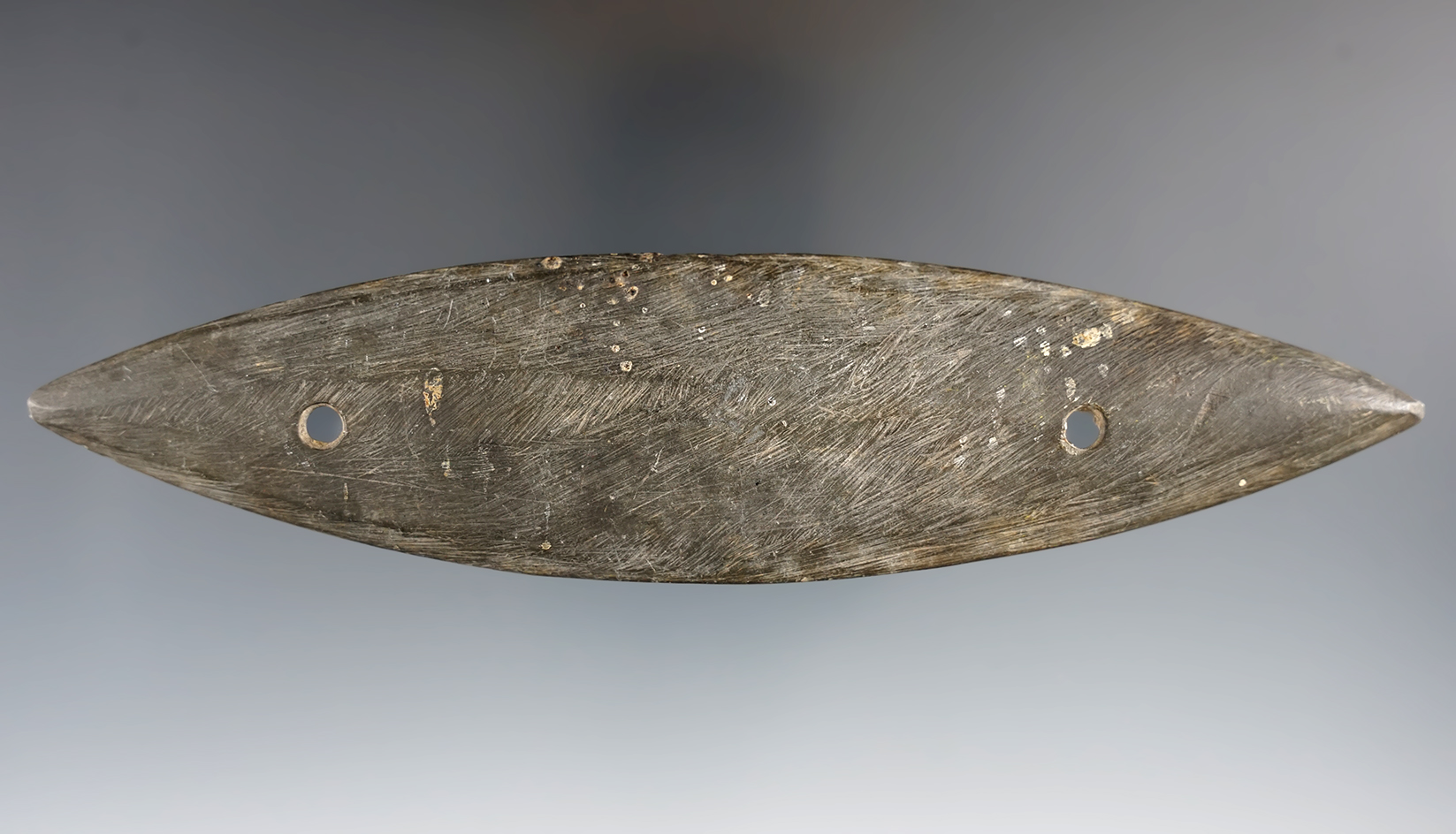 6 11/16" Glacial Kame Bi-Pointed Gorget made from Slate. Ex. Elmer Grimm Collection.