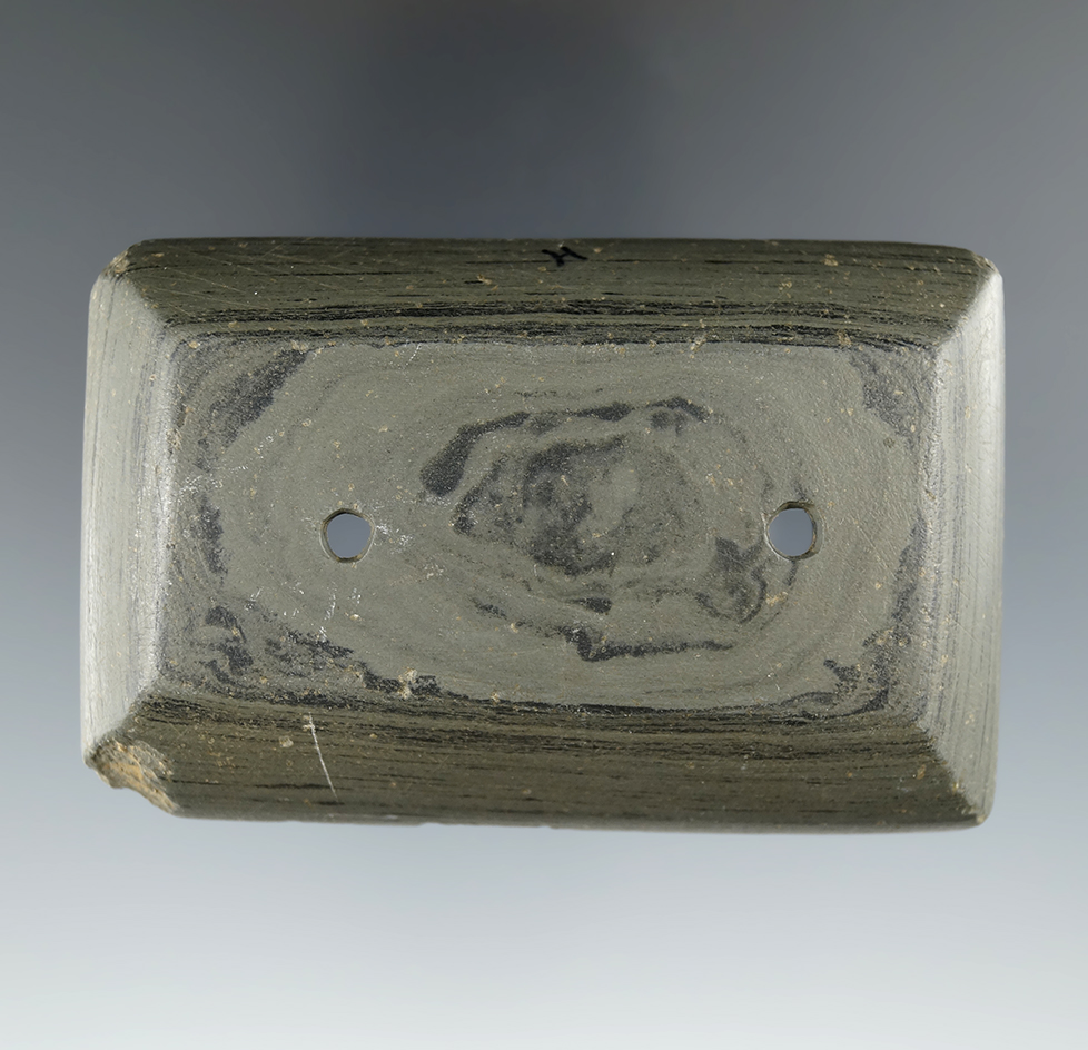 3 7/16" Adena Semi-Keeled Gorget made from Banded/Mottled Slate, Scioto Co., Ohio. COA.