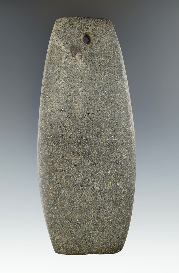 4 3/8" Hopewell Trapezoidal Pendant made from green Hardstone, found in Seneca Co., Ohio.