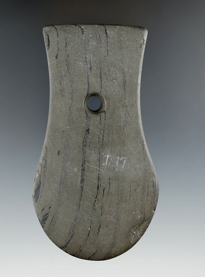4 5/16" Adena Keyhole Pendant made from Banded Slate, found in Miami Co., Ohio. Ex. Driskill.