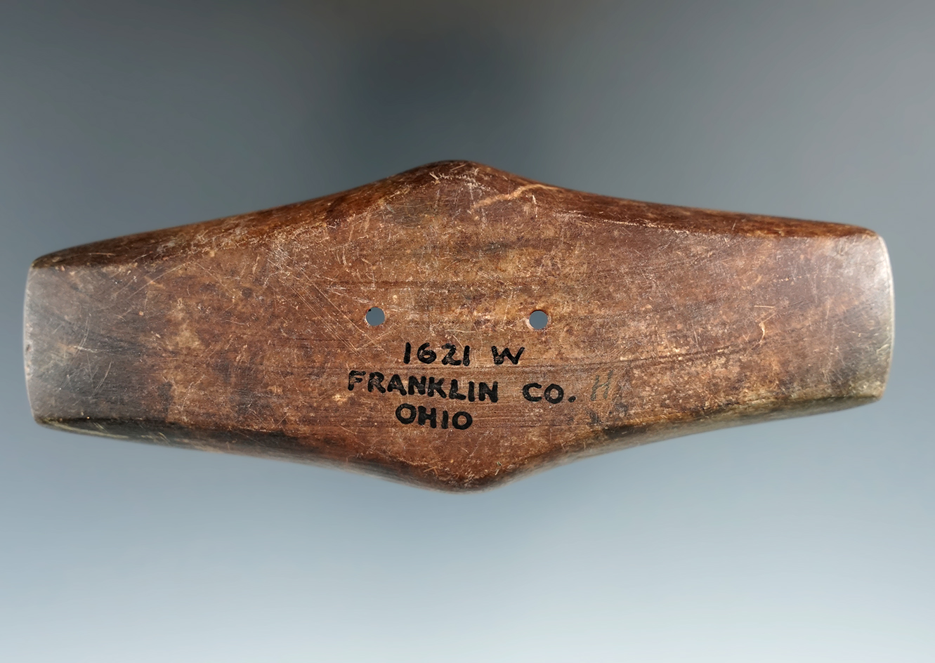 4 3/4" Hopewell Expanded Center Gorget made from Banded Slate, Franklin Co., Ohio. Pictured!