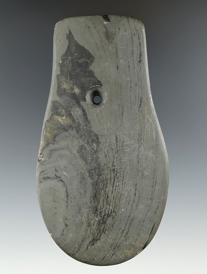 4 11/16" Adena Key Hole Pendant made from green and black Mottled Slate, Logan Co., Ohio.