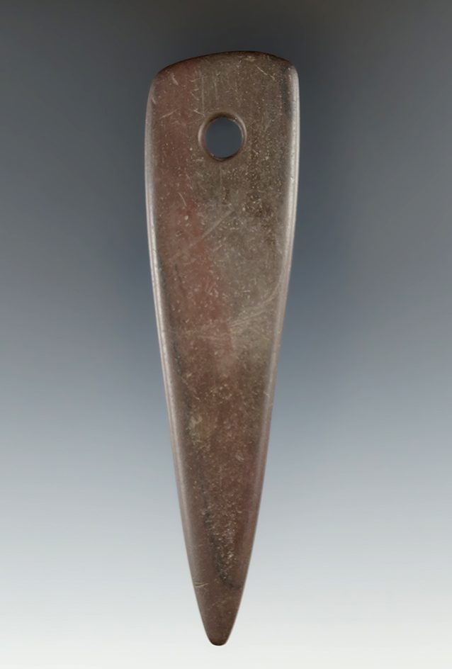 4 3/16" Mississippian Pendant made from red and black Banded Slate, found in Ohio.