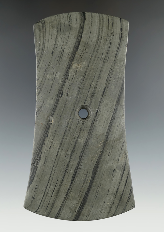 5 5/16" Adena Bi-Concave Pendant made from Banded Slate, Williams Co., Ohio. Pictured. COA.