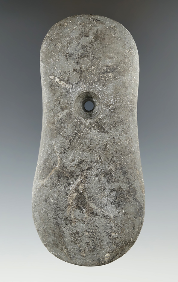 4 1/2" Adena Keyhole Pendant made from Banded Slate, Mercer Co., Ohio. Ex. Tom McAdams.