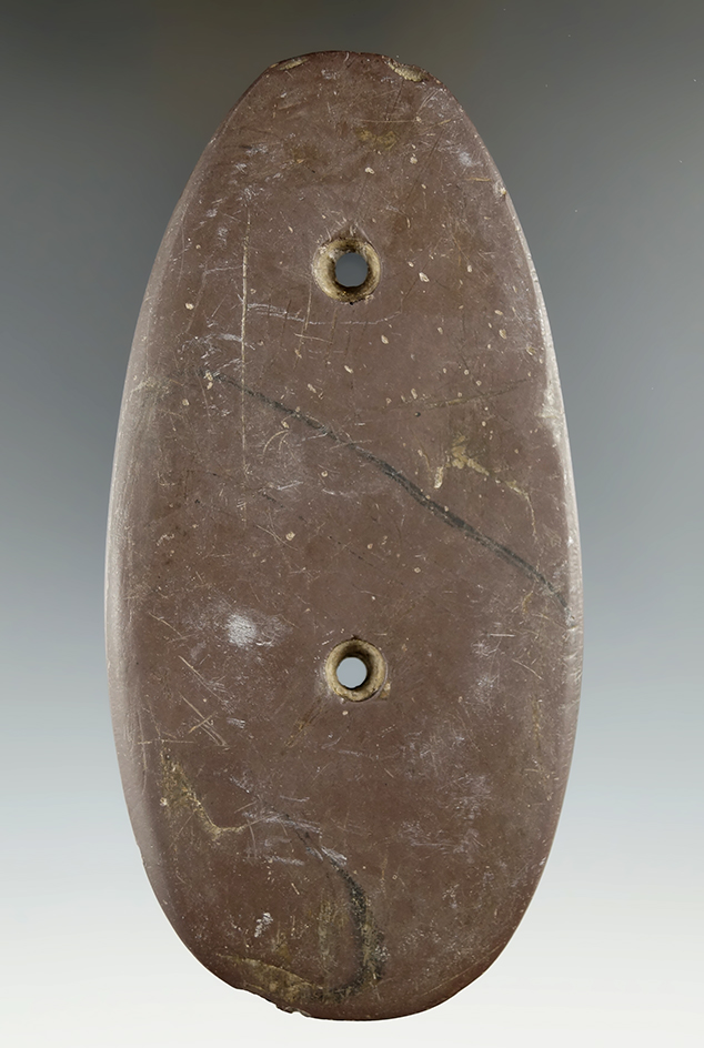 4 15/16" Glacial Kame Oval Gorget made from Banded Slate, found in Wood Co., Ohio.