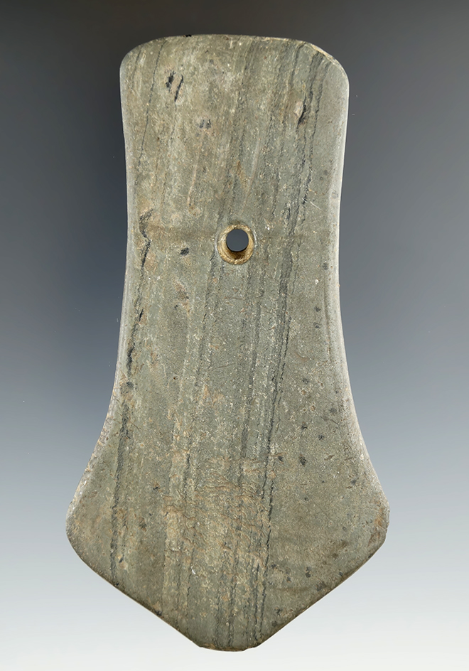 4 7/16" Hopewell Pentagonal Pendant made from Banded Slate, found in Miami Co., Ohio. Ex. Noel.