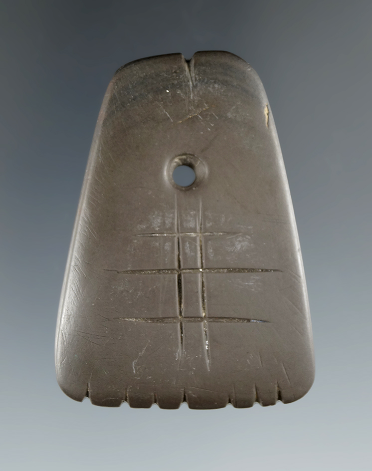 2 1/8" Ft. Ancient fringed and engraved Pendant made from Banded Slate, found in Ohio.