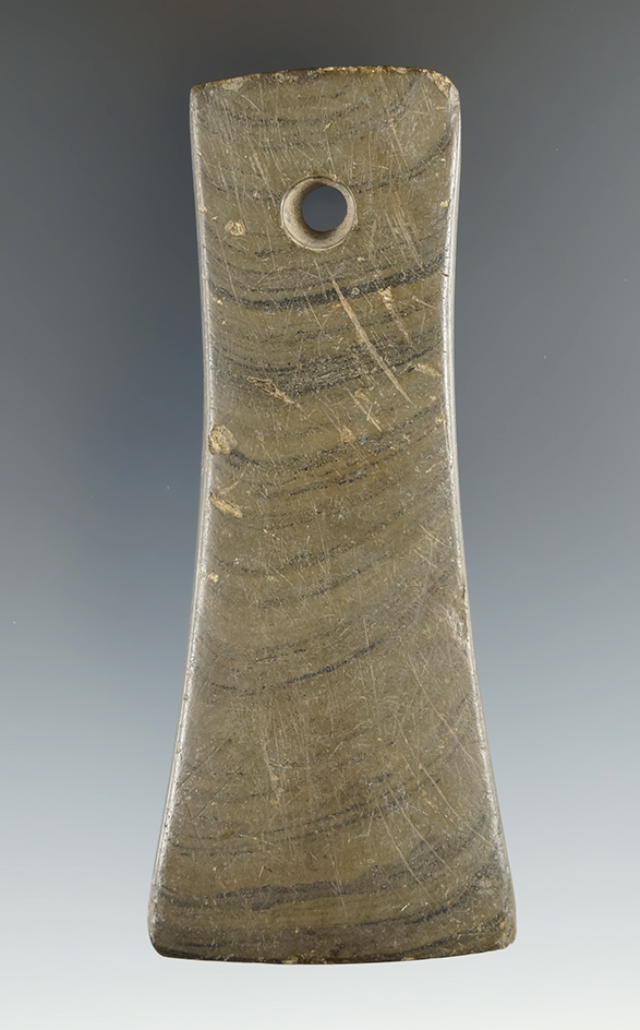 3 7/8" Engraved Adena Bell Pendant made from Banded Slate, Union Co., Ohio. Ex. Dilley.