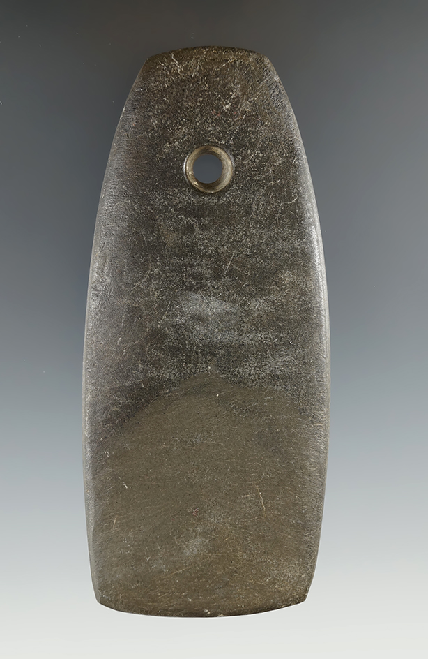 4 5/8" Adena Trapezoidal Pendant made from green and black Slate, found in Ross Co., Ohio. Pictured.