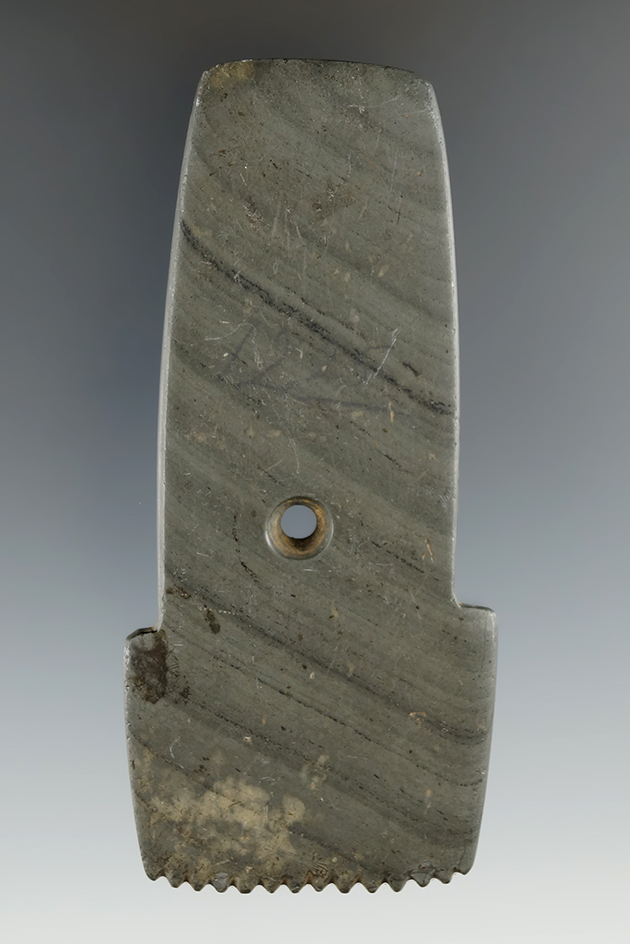 4 1/8" Fringed Hopewell Shovel Pendant found in Portage Co., Ohio. Pictured. Ex. Vietzen, Helman.