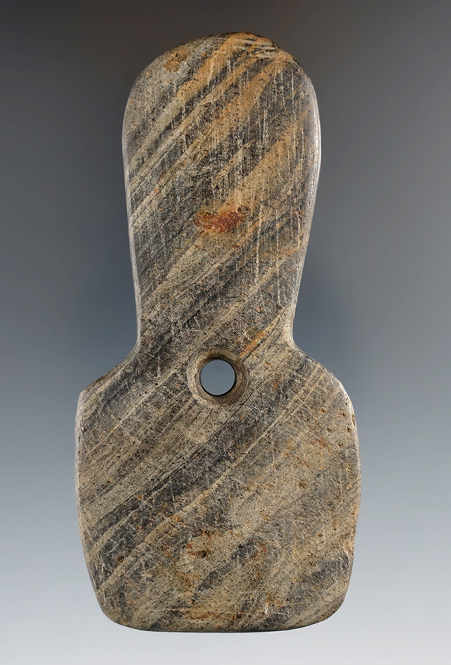 4" Hopewell Shovel Pendant made from Banded Slate, Warren Co., Ohio. Pictured. Ex. Dilley.