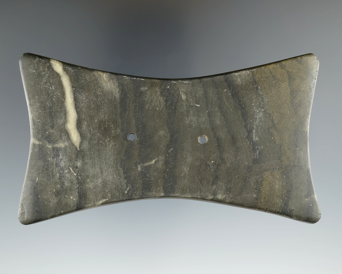 4 1/4" Adena Quadriconcave Gorget made from Banded Slate with worm track, Ohio.